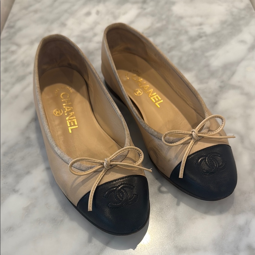 Chanel Beige and Black Ballet Flats